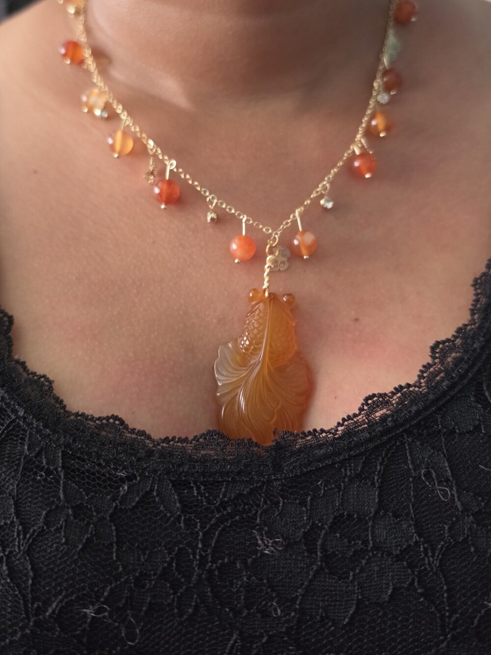 Gold-Tone Necklace with Carved Orange Carelian Agate Koi Fish Pendant